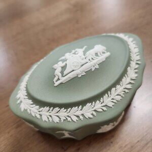 Vintage Wedgwood Jasperware Sage Green Oval Lidded Trinket Box